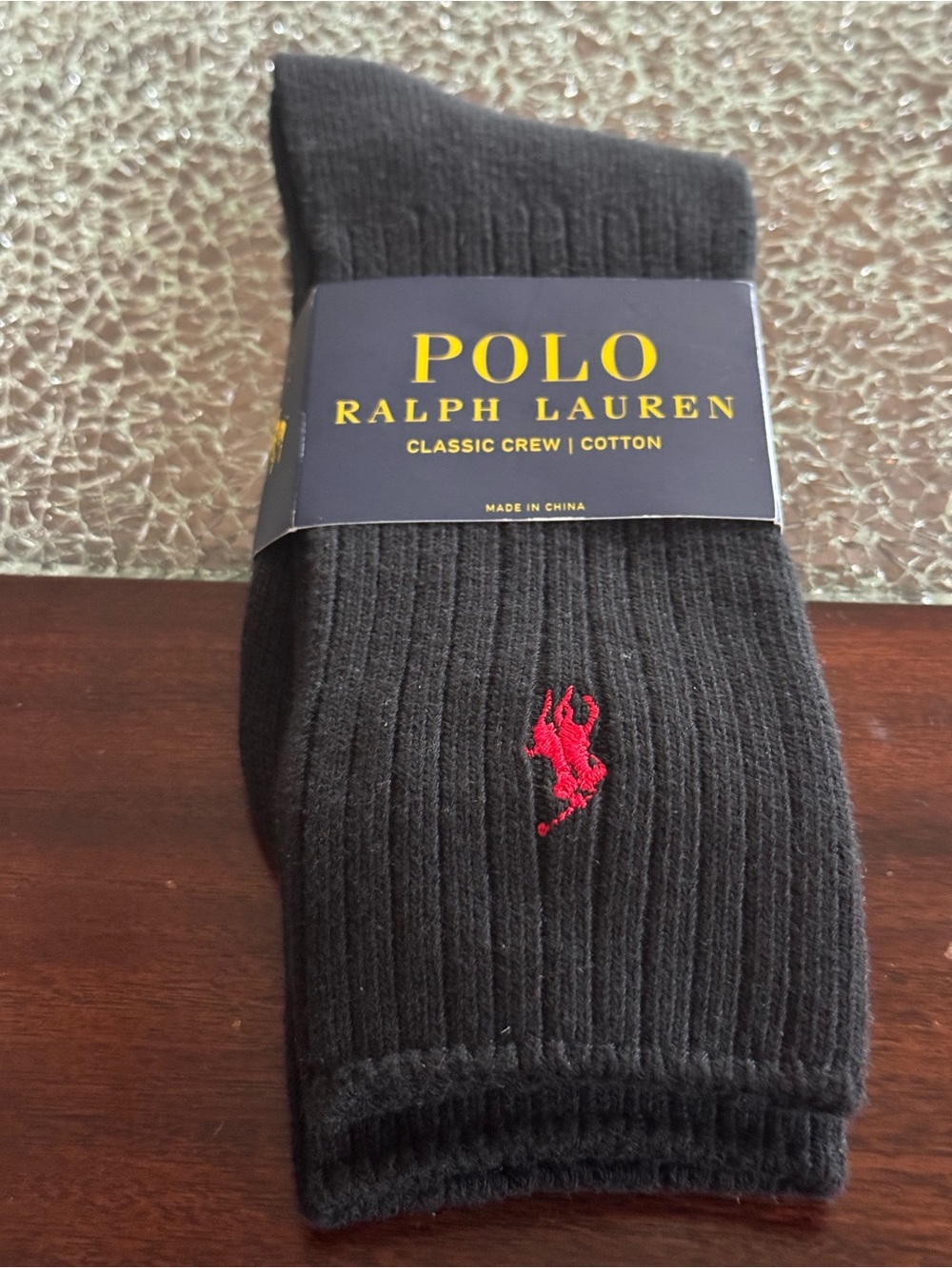 Ralph Lauren Black Crew Socks with Gold Logo Accent